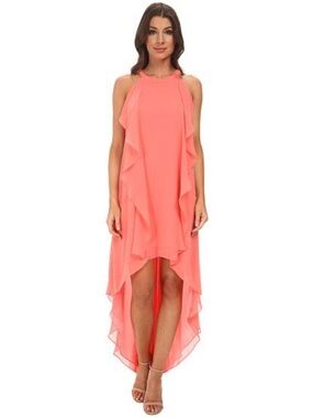 BCBGMAXAZRIA Kelsia Cascade Ruffle Halter Dress Coral Pink High Low Chiffon L